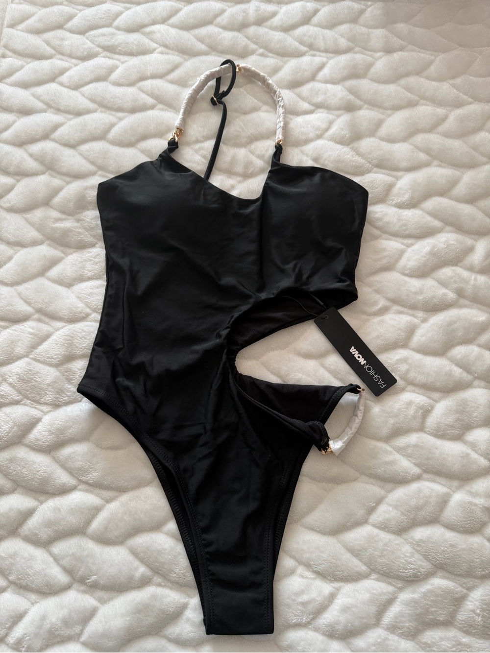 NEW! Fashion Nova Black One-Shoulder Swimsuit with Gold Rope Accent size small